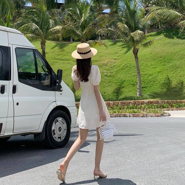 Elegant Flower Pearl Short Dress Women Sexy Spaghetti Strap Summer Sundress Female Short Beach Dress