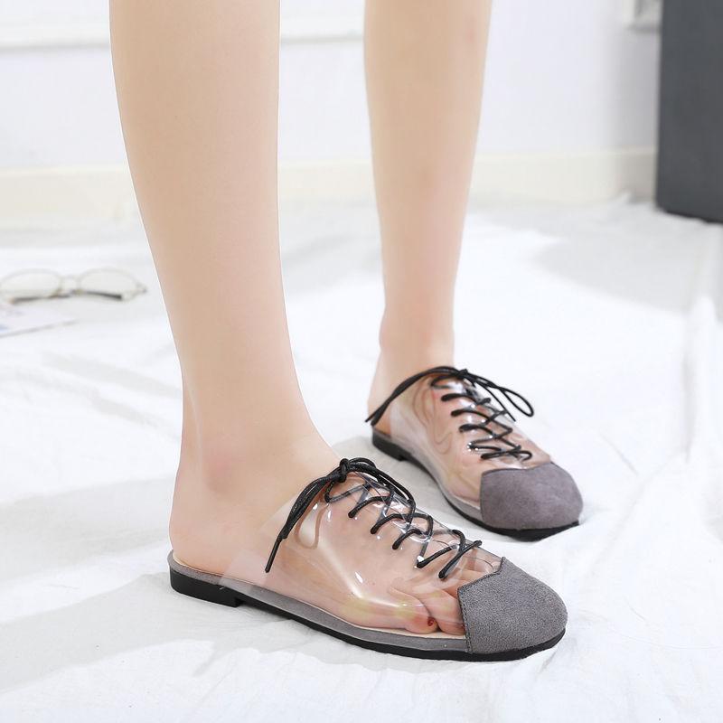 Transparent Half Slippers Women Spring and Summer Square Head Lace Slippers Fashion Flat Slippers Women