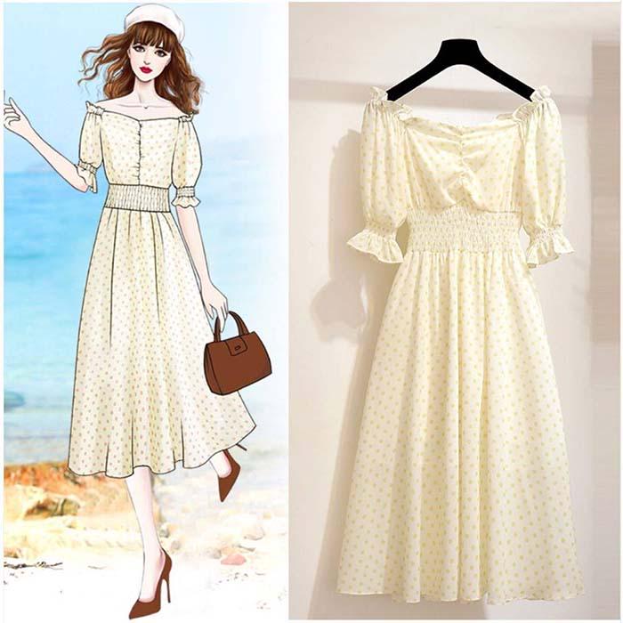 Pofulove Women Polka Dot Off Shoulder Floral Chiffon A-line Dress Thin O-Neck Long Evening Dress
