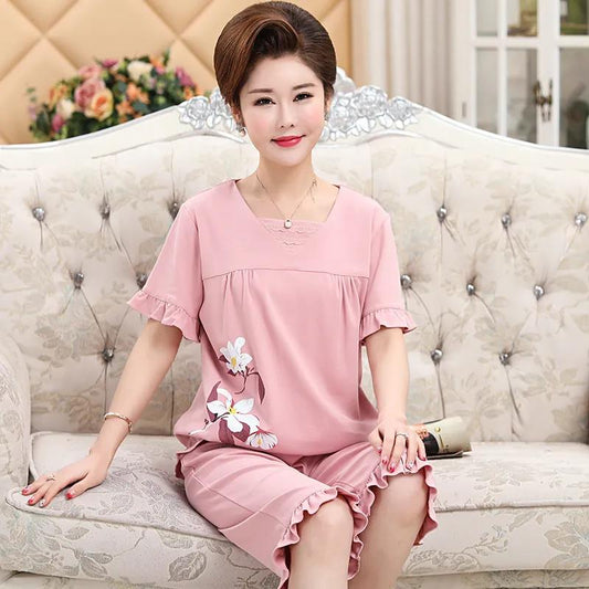 Summer Short-sleeved Middle-aged Women's Pajamas Cropped Pants Suit Oversized Loose Cotton Loungewear