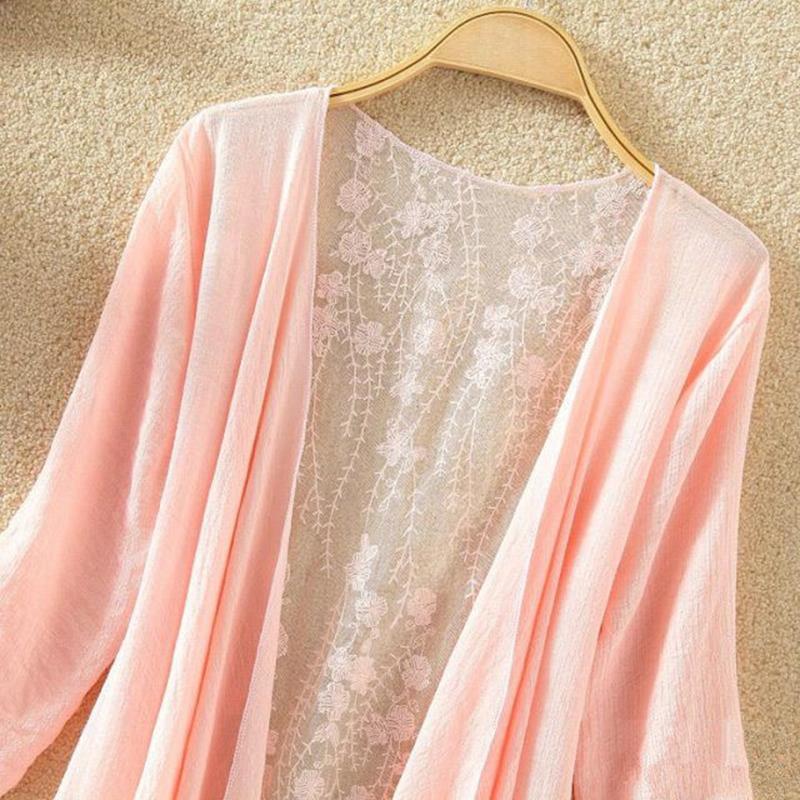 Women's Cotton and Linen Lace Sun Protection Thin Cardigan Beach Mid-length Plus Size Shawl Loose Top