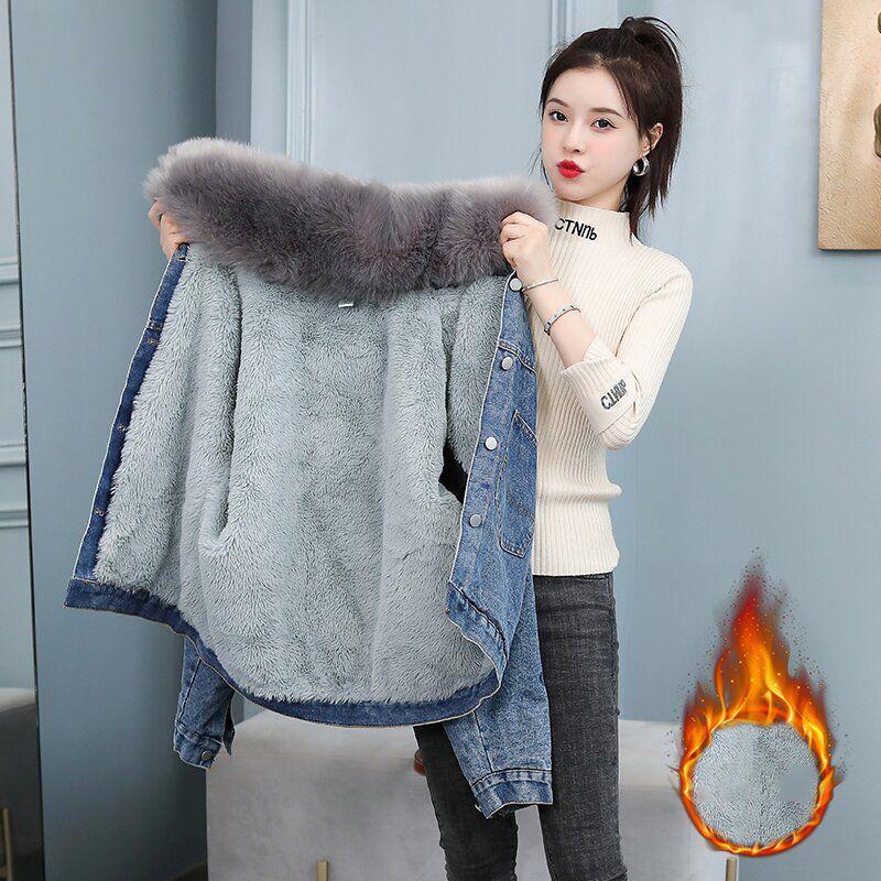 Big Fur Collar Short Padded Jacket Women Plus Velvet Thick Denim Jacket Loose Warm and Comfortable Cotton Coat
