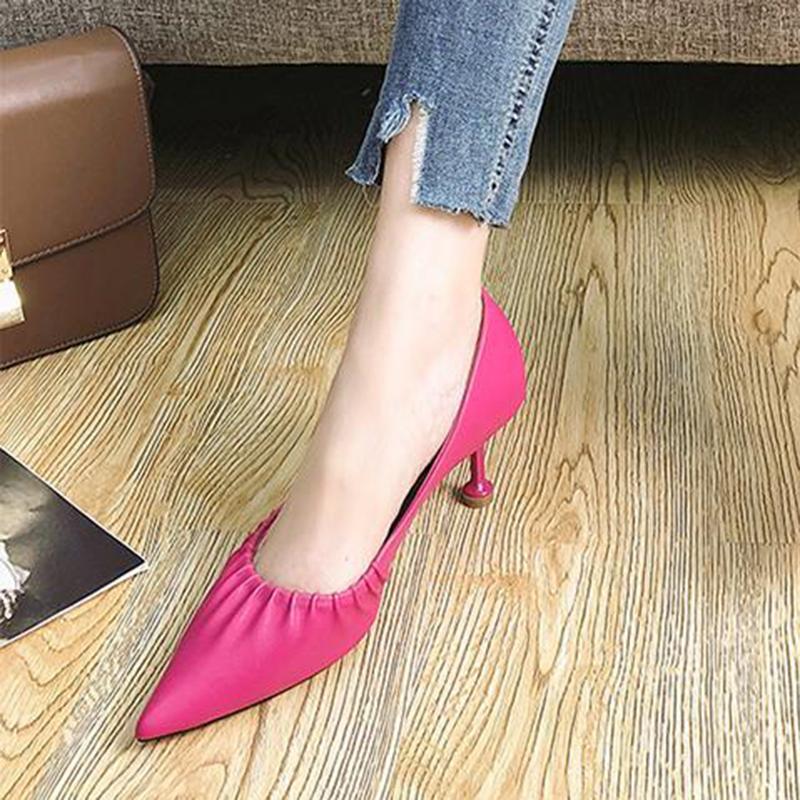 High Heels Women European Stiletto Mid-heel Pointed Toe Fashion High Heels Working Leather Shoes Women