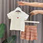 2PCS Children Clothing Set Spring Summer Girls Suits Embroidery Short Sleeve Bright Silk Tops + Pleated Plaid Dress Clothing Set