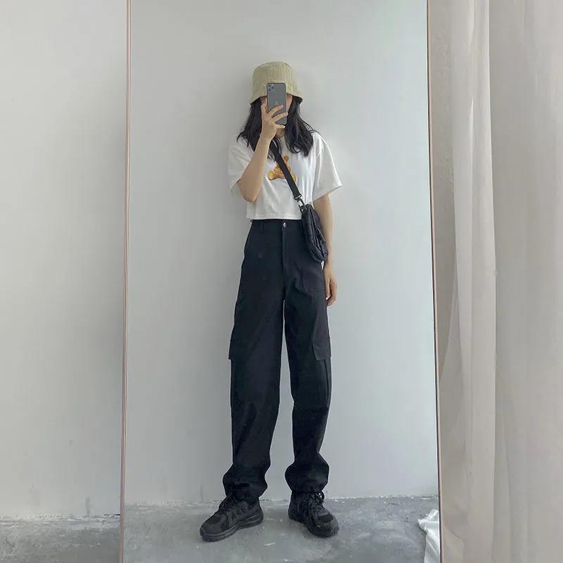 White Retro BF Harajuku Style Overalls Women's High-waisted Thin Waist Pants Casual Long Pants Tide