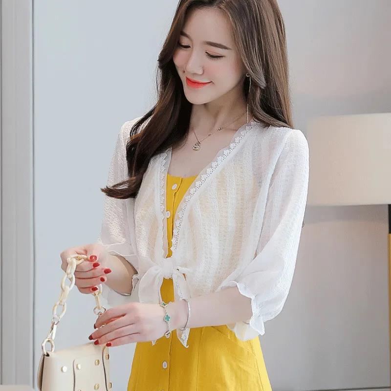 1 PCS Lace Cardigan Women Beach Sun Protection Summer Short Solid Color Thin Shawl Pair with Suspender Dress