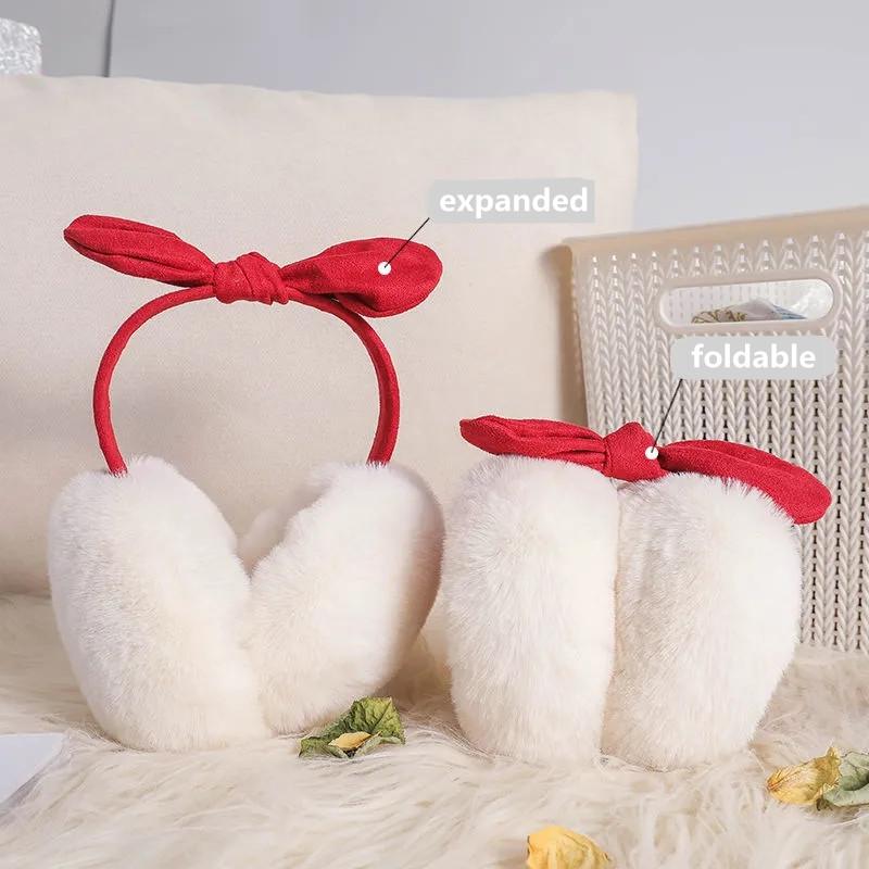 Women's Winter Earmuffs Suede Bowknot Cute Foldable Warm Earmuffs Ear Cover Cartoon Head Band Cycling Warm Plush Ear Pad Ear Protection