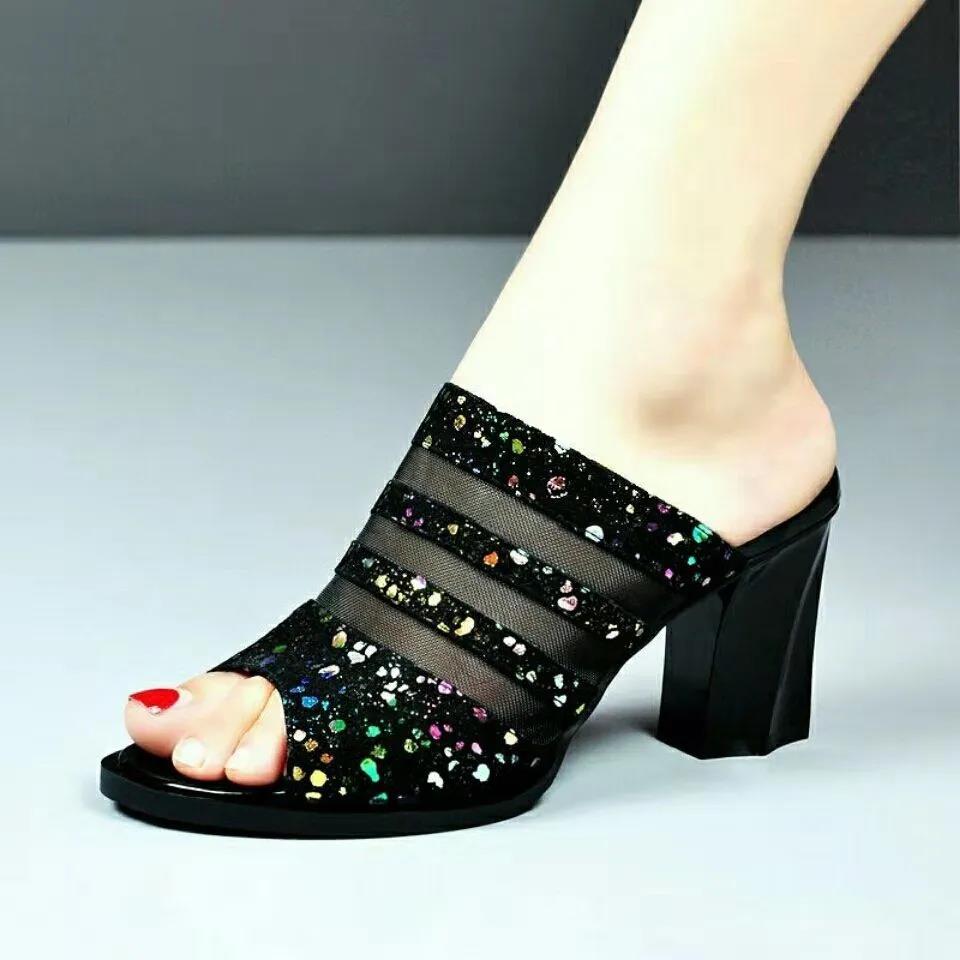 Women's Spring and Summer Large Size Fish Mouth High Heel Slippers Office Ladies Thick Heel Casual Sequins Slippers