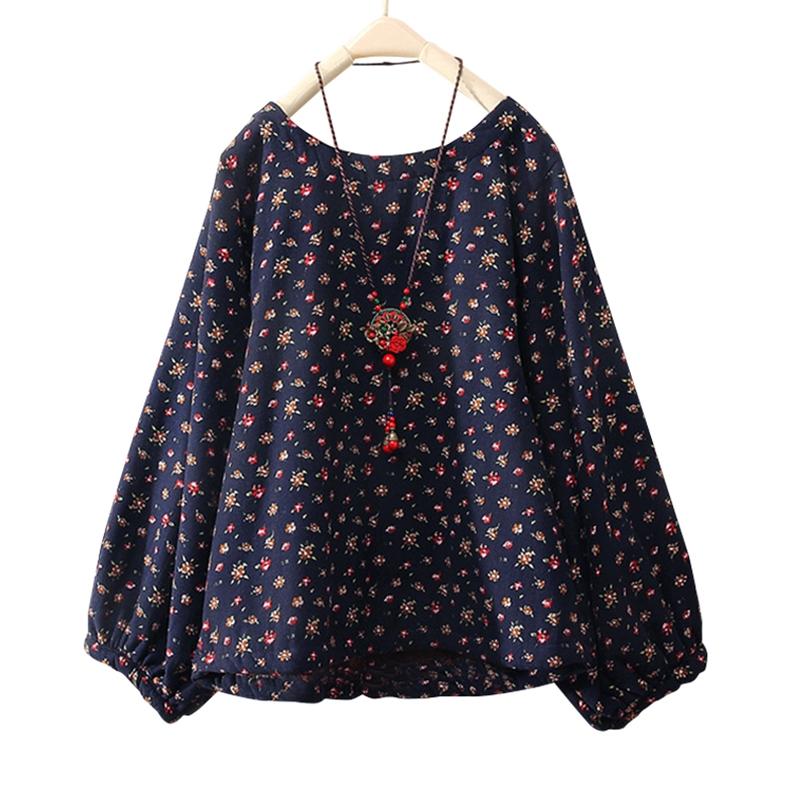 Women's Plus Size Floral Round Neck Long Sleeve Blouse