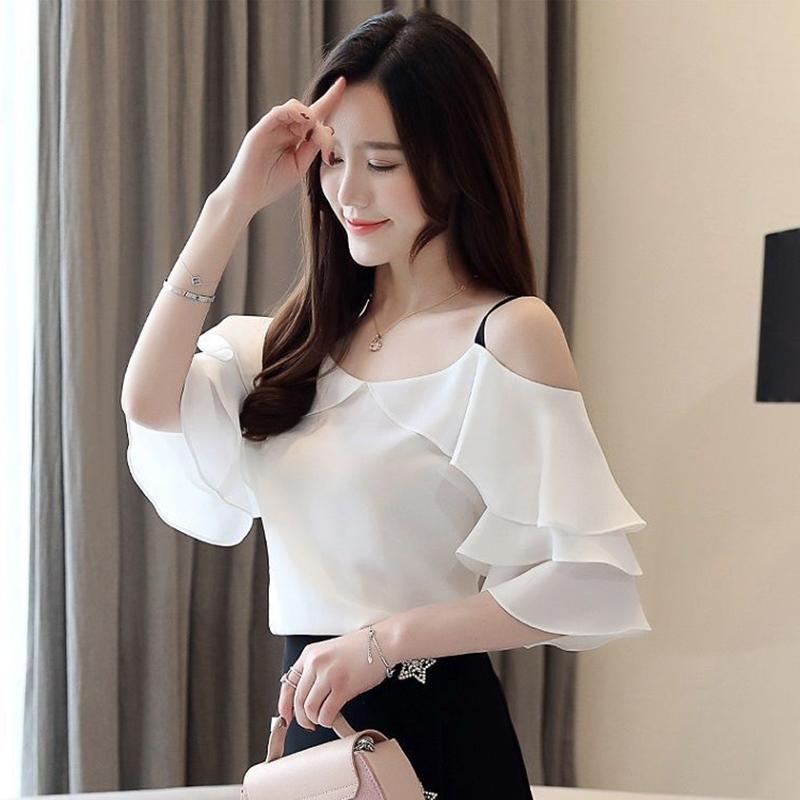 Sweet Temperament Short-sleeved Ruffled Women's Collar Off-shoulder Top Ladies Temperament Chiffon Shirt Bottoming Shirt