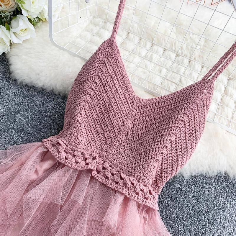 Lace Party Dress Ruffles Knitting Patchwork Women Strap Dress Mesh Backless V-neck Dress