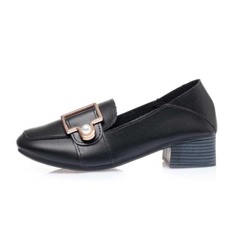 Leather Shoes Retro Square Toe Mid-heel Thick Heel Single Shoes Wild British Style Loafers Women's Mid-heel Comfortable Leather Shoes
