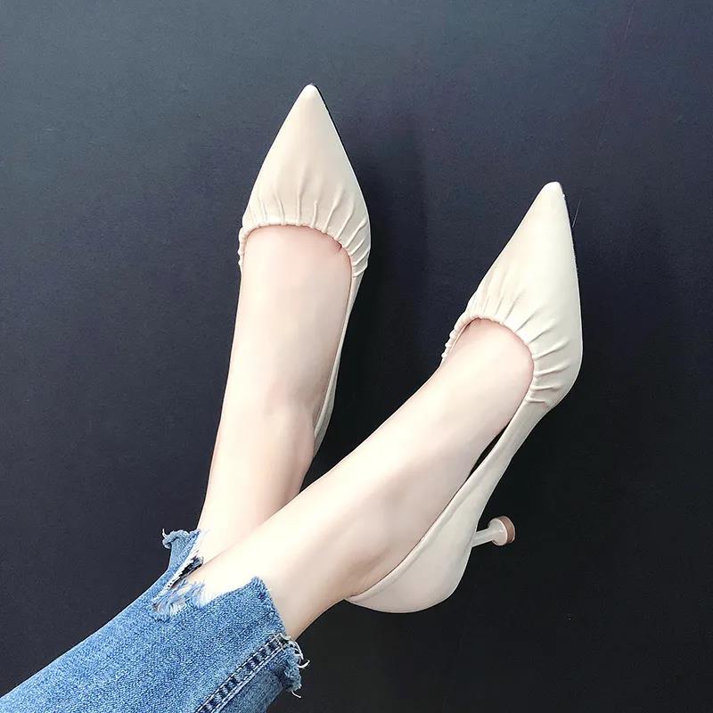 High Heels Women European Stiletto Mid-heel Pointed Toe Fashion High Heels Working Leather Shoes Women