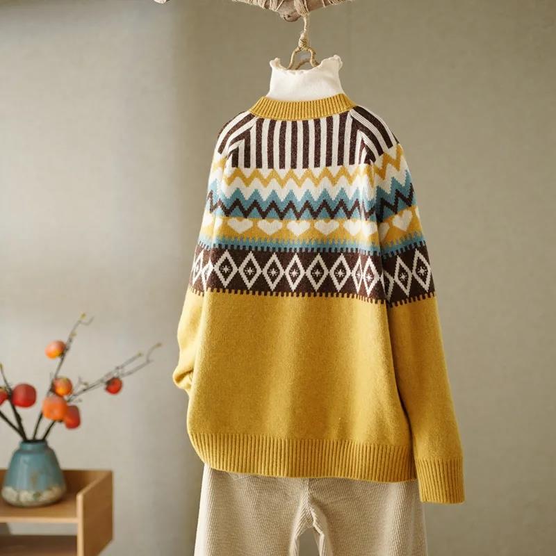 Retro Love Jacquard Round Neck Sweater Loose Ethnic Style Sweater Cardigan Jacket Long-sleeved Warm Casual Jacket