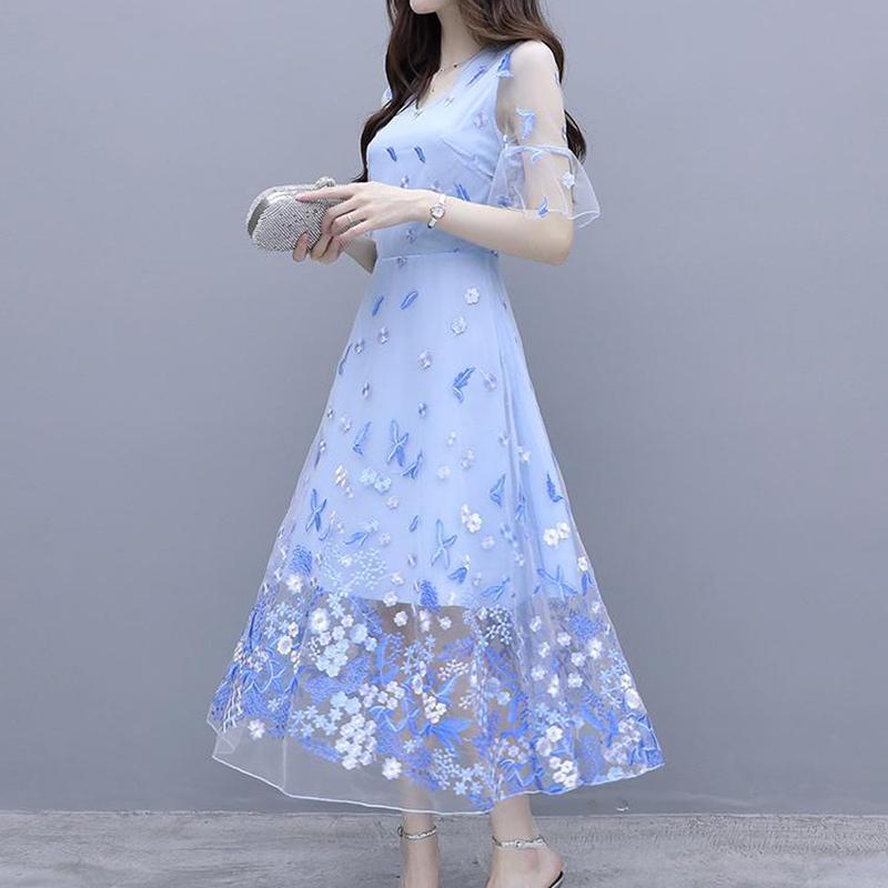 Women's Embroidery Blue Dress Super Fairy Long Fairy Skirt High-end Mesh Skirt Chiffon A-line Floral Dress Fabric Lightweight and Breathable