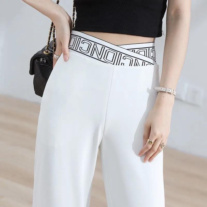 Impermeable White Ice Silk Wide-leg Pants Female High-waist Drape Letter Waist Summer Loose and Thin Chiffon Straight Trousers