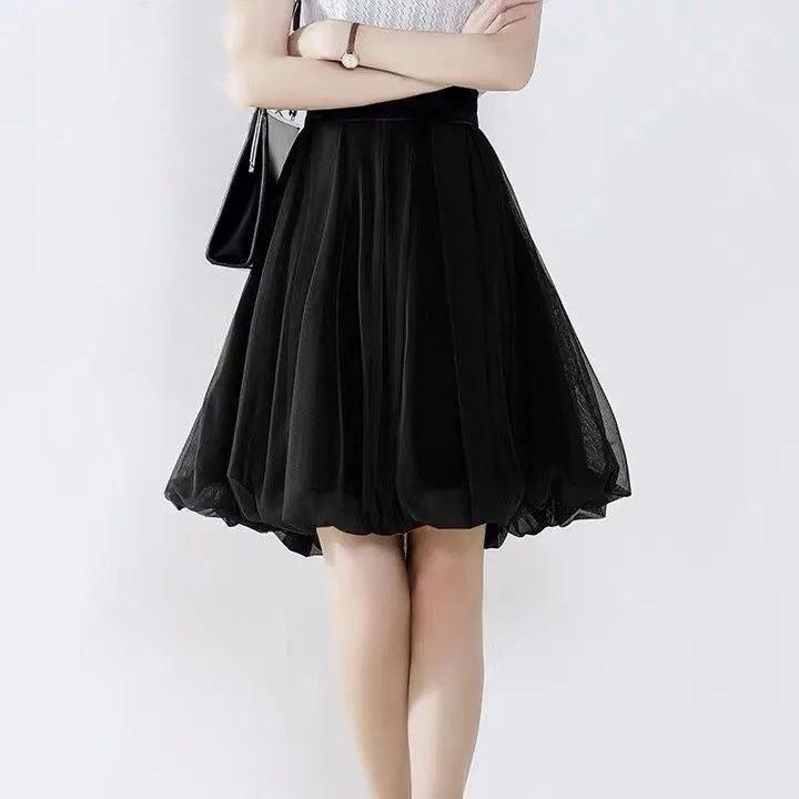 S-4XL Large Size Women's Summer Pleated Tulle Short Skirt High Waist Slim A-line Skirt All Match Elastic Waist Mesh Skirt Large Size