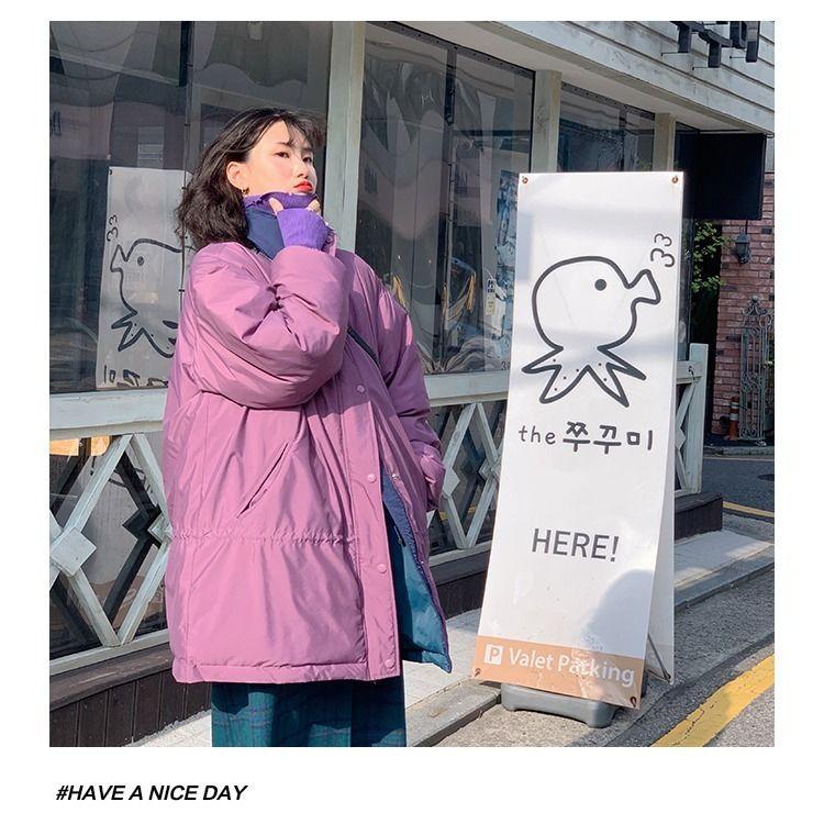 Both Sides Wear Cotton-padded Jacket Women Korean Style Loose Mid-length Winter College Style Warm Workwear Padded Jacket