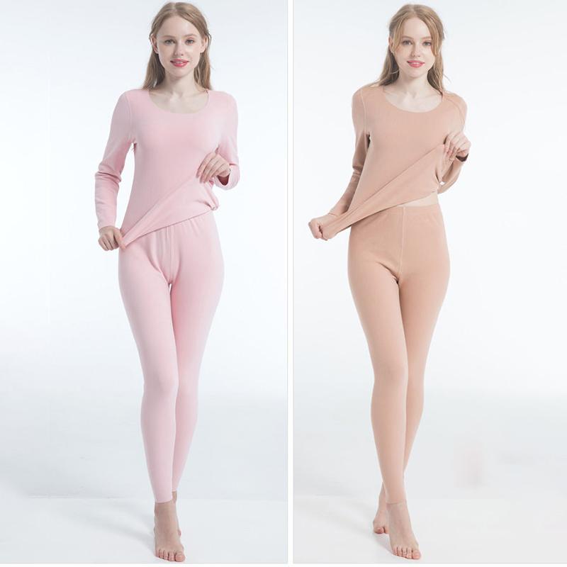 Women Winter Thermal Underwear O-neck Tops Pants Autumn Clothes Tight Suit Thicken Windproof Comfortable Soft Lining Long Sleeve High Elasticity