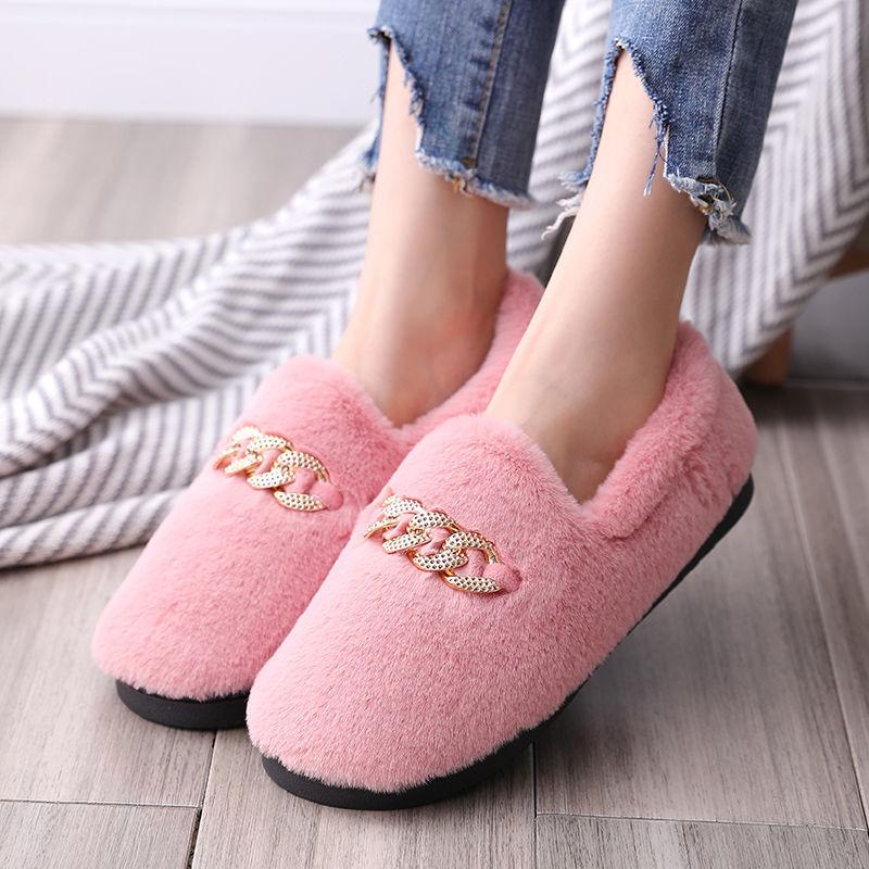Winter Fluffy Women Shoes Fashion Chain Warm Fur Flat Shoes Woman Indoor Sliders Causal Home Lady Shoes Thick Plush Soft Warm Cotton Slippers Cute