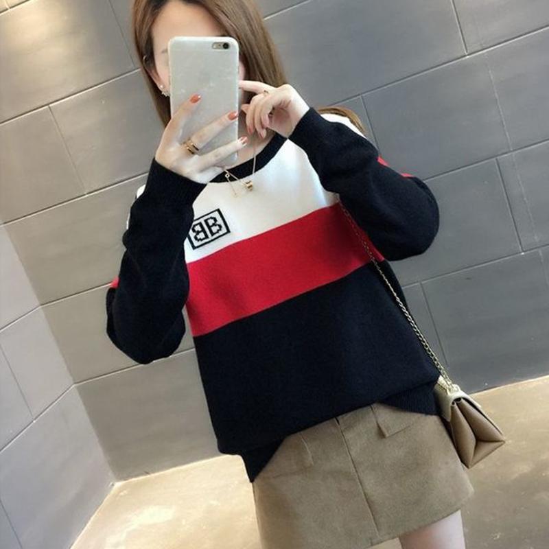 Autumn  Winter Loose Short Sweater Fashion Knit Sweater Color Matching Women's Round Neck Bottoming Shirt Top
