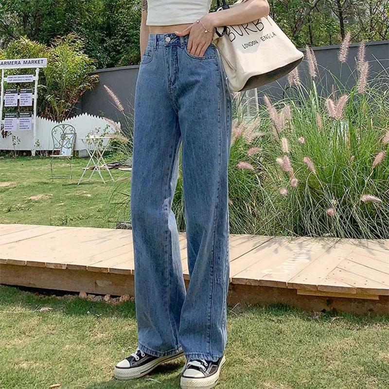 Women's High Waist Wide Leg Jeans Spring Loose and Thin Straight Mop Pants Ladies Denim Trousers
