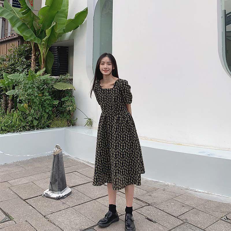 Ladies Summer Chiffon Skirt French Retro Oil Painting Floral Dress Mid-length Temperament Thin Versatile