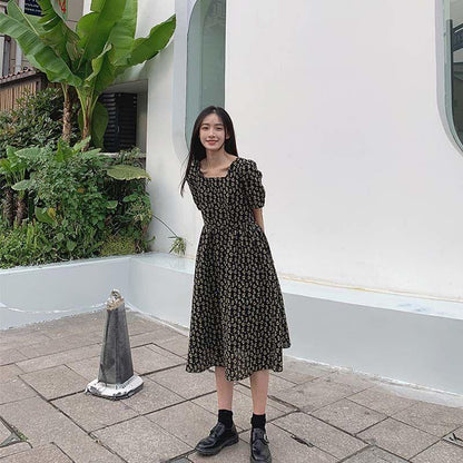 Ladies Summer Chiffon Skirt French Retro Oil Painting Floral Dress Mid-length Temperament Thin Versatile