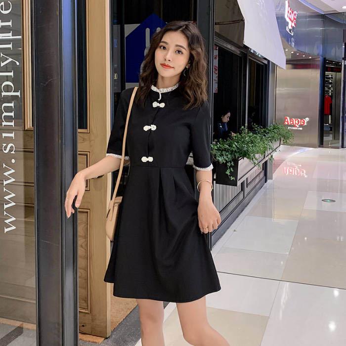 Pofulove Women Chinese O-neck Bow Dress Slim Short Sleeve Short Dress Stand Collar Black Dress