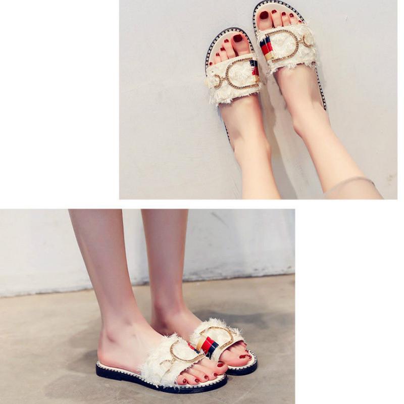Summer sandals and slippers female Xia Ms. flat bottom hairy slippers wear fashion word drag female