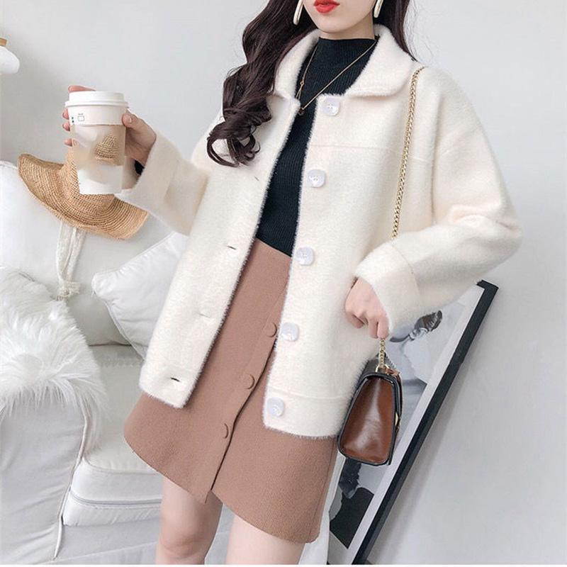 Woolen Fashion Jacket Fall/Winter Lapel Short Sweater Thicken Long Sleeve Knit Cardigan
