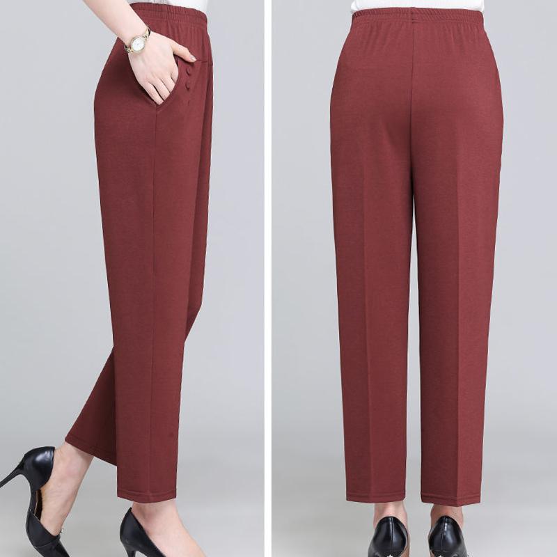 Spring Summer Autumn Thin Mother Middle-aged and Elderly Casual Straight Cropped Trousers Loose High Waist Elastic Waist Women