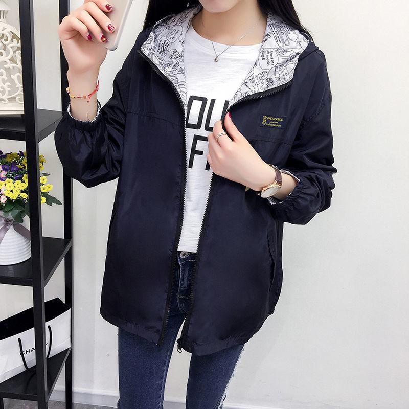 Women's Jacket Spring Summer Pocket Zipper Hooded Two Side Wear Outwear Coat Loose Plus Size Windbreaker Jackets Famale