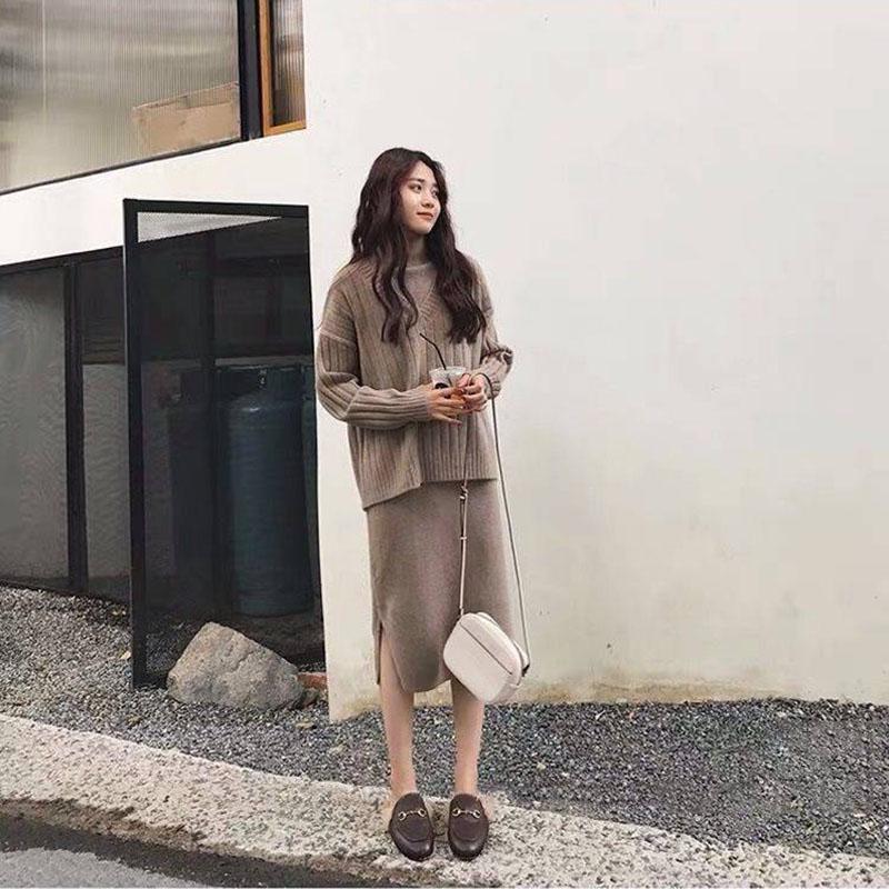 Two-piece Vest Dresses and Sweaters Girl's Winter Long Pullover Female Slim Thick Warm Sweater
