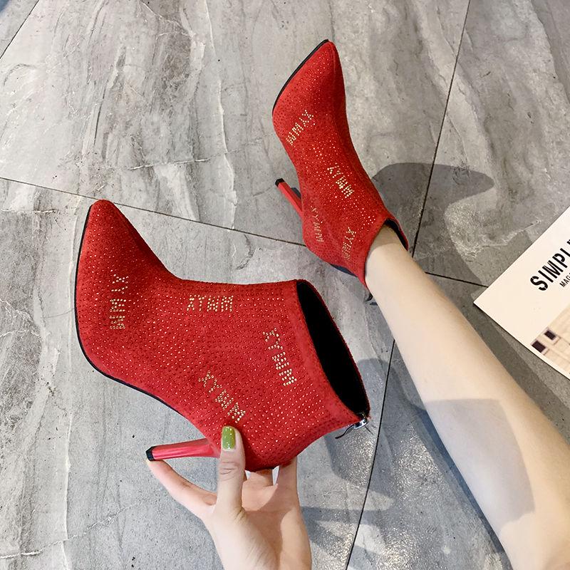 Ladies Zip High Heels Boots Women Pointed Toe Glittering Party Wedding Ankle Martin Boots Shoes