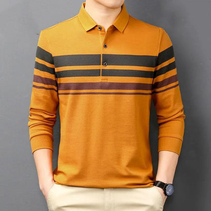 Spring and Autumn Lapel Striped Long Sleeve T-Shirt Men's Thin Cotton Loose Polo Shirt Casual Business Top