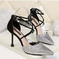 Crystal Sequins Pointed Toe High Heels Stiletto Buckle Hollow Single Shoes Cross Strap Women Sandals