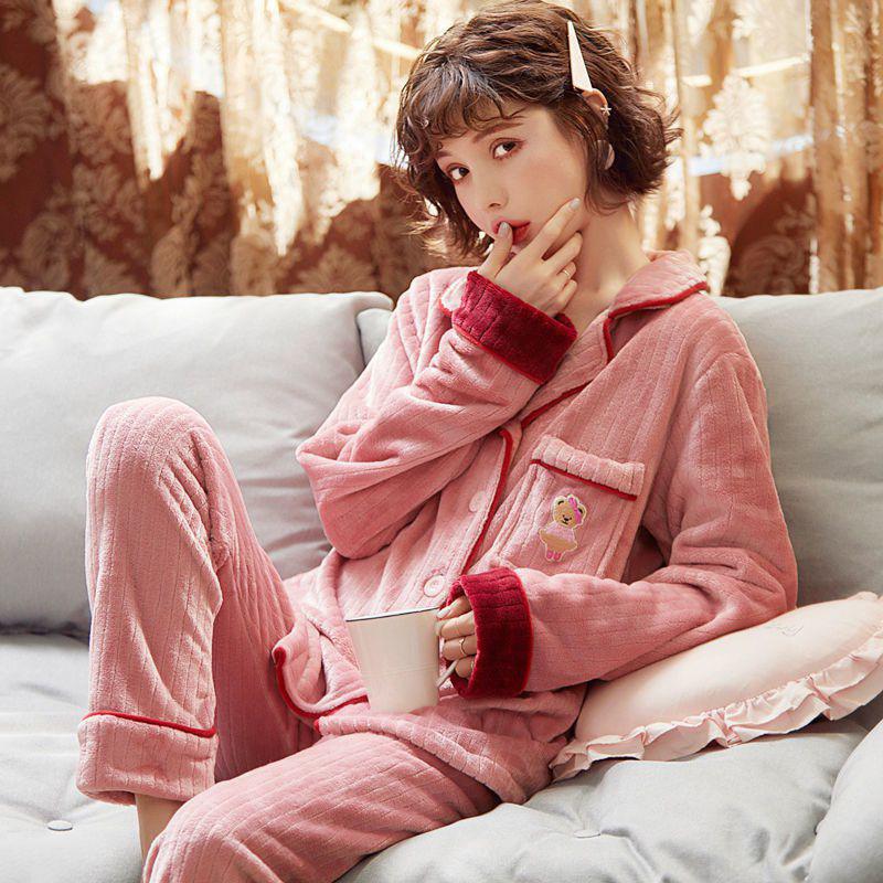 Winter Pajamas for Women Velvet Pyjamas Set Coral Fleece Sleepwear Suit Flannel Warm Home Wear Casual Loose Thick Nightwear Long Sleeve Tops Pants