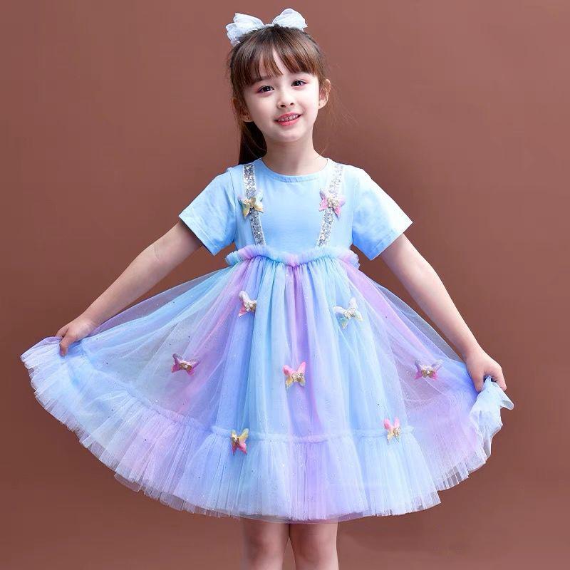 Girls Rainbow Dress Little Girl Princess Dress Short-sleeved Fairy Dress Summer Dress Birthday Dress