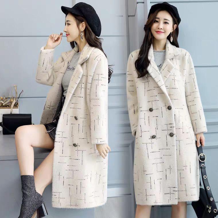 Women's Elegant Mink Fleece Loose Tweed Medium Long Slim Large Striped Tweed Coat