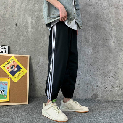 Fat Men's Oversized  Sports Pants Spring and Summer Thin Casual Wide-legged Striped Trousers