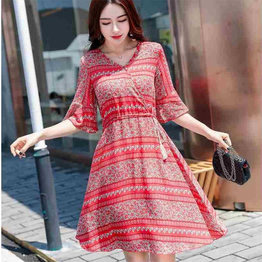 Fashion Summer Cotton Dress Mid-length Elasticated Wasit Printed Dress V-neck Flared Sleeves Dress