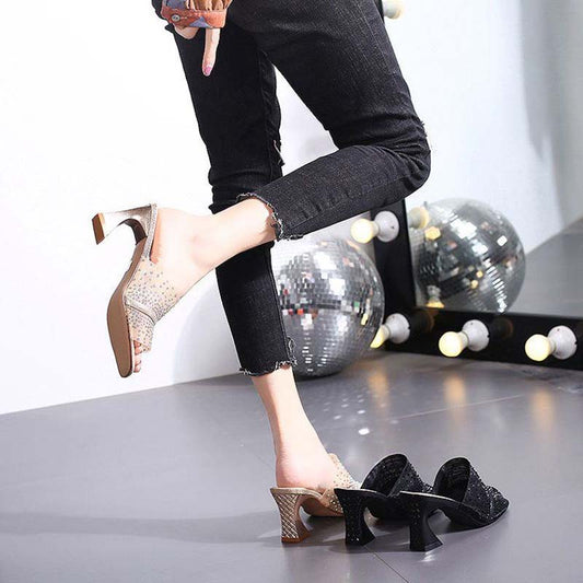 Mesh Rhinestone Open-toe High-heeled Sandals Women's Thick Heel Slippers Middle Heel Elegant Sandals All-match Simple Slippers Patchwork Sandals