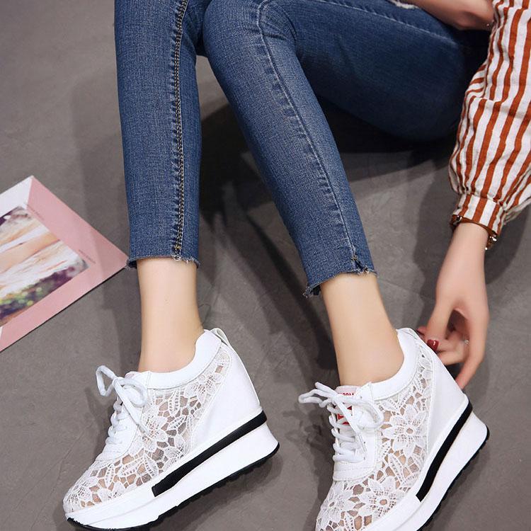 Women Summer Mesh Lace Shoes Thick Soled Wedge Slip-On Sneakers Female Large Size Hollow Out Casual Breathable Shoes