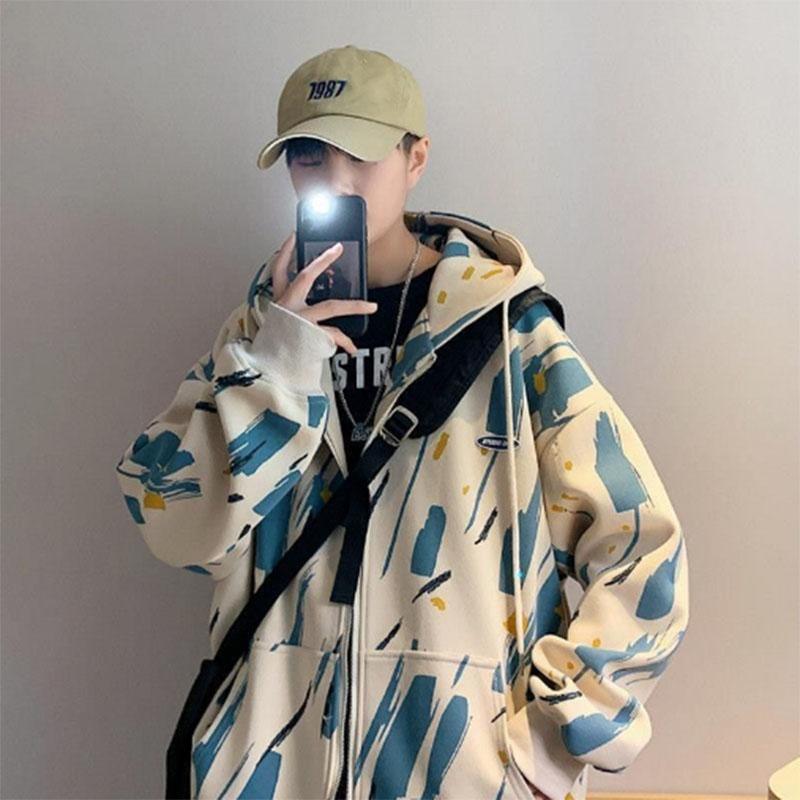 Tie-dye Cardigan Sweater Men's Spring and Autumn Sports Jacket Hooded Loose Jacket Casual All-match Tide Brand Jacket