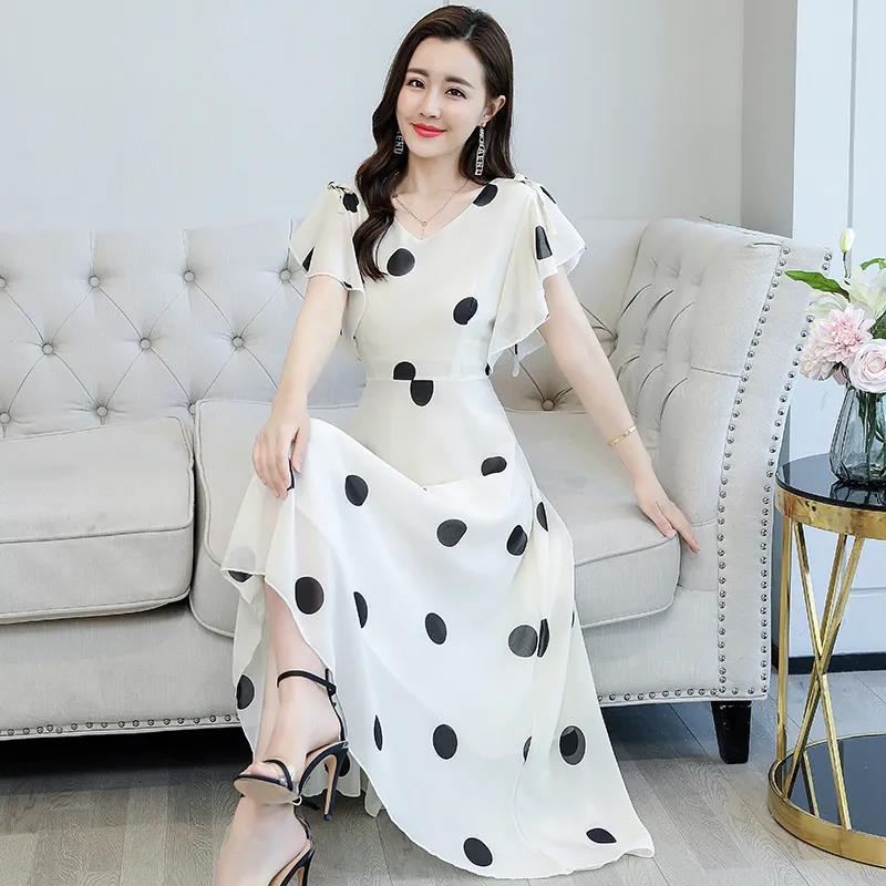 Women's Short Batwing Sleeve Ruffle Polka Dot Chiffon Dress  V-Neck Calf Length Daily Dating Party Office Wear
