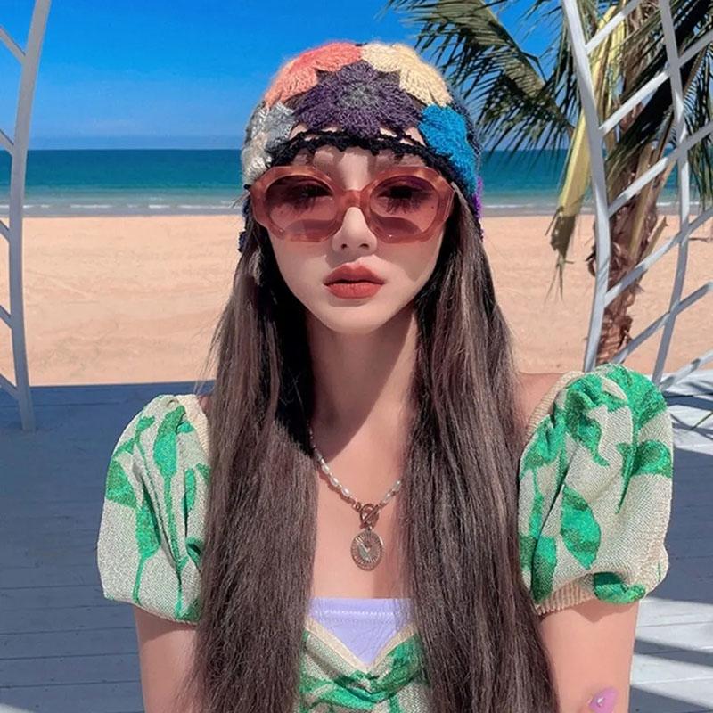 Gradient Stereo Flower Bag Head Hat Woman National Handmade Crochet Knit Hat Openwork Towel Hat