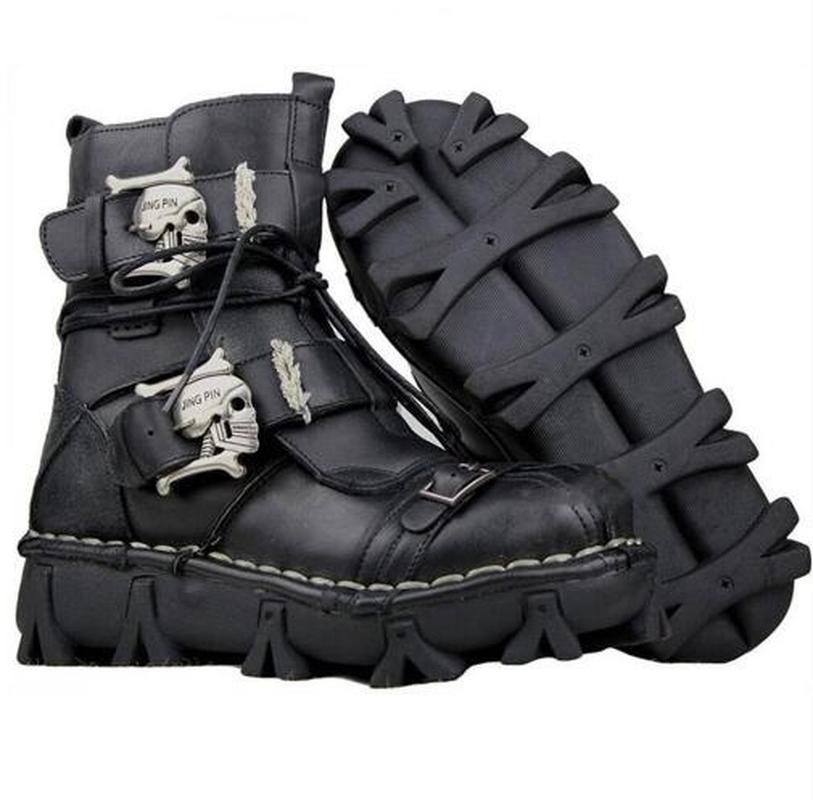 Men Genuine Leather Military Uniform Boots Gothic Skull Punk Martin Platform Mid-calf Boots