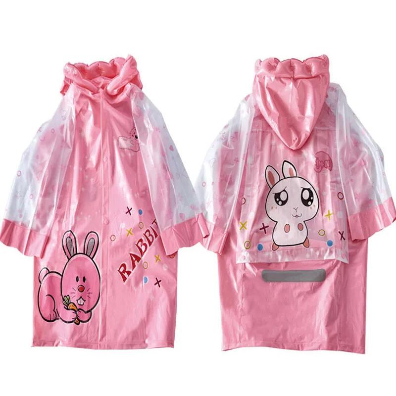 Rain Coat for Kid Pink Cartoon Printed Kawaii Rainwear Inflatable Brim and Reflective Strip Hooded Waterproof Clothes Children Windbproof Raincoats