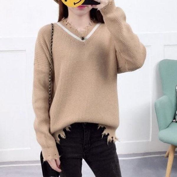Fringed Loose Knit Women's Spring and Autumn Harajuku Student Bottoming Shirt V-neck Pullover Sweater